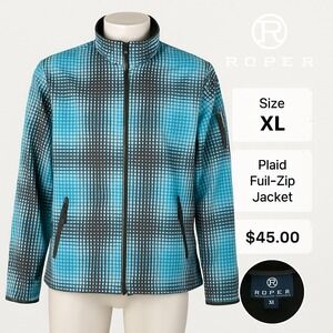 Roper Women's Softshell Jacket Blue Plaid Zip Front Western Outdoor Coat XL‎